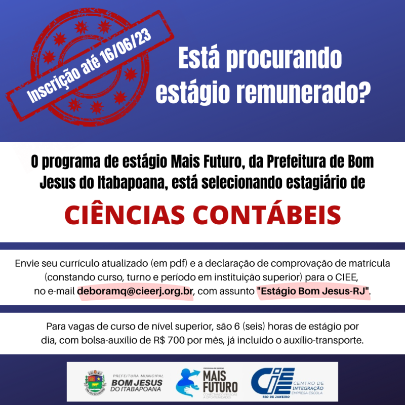 Prefeitura de BJI seleciona estagiário de Ciências Contábeis; inscrições vão até 16/06/23